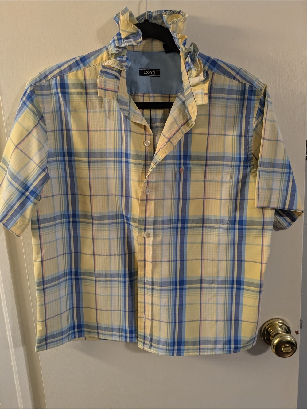 Upcycled Izod Short Sleeve Plaid Button-Down Shirt - Yellow & Blue